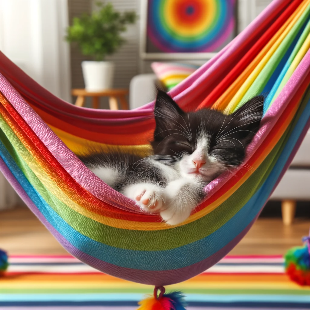 kitten sleeping in a rainbow Hammock