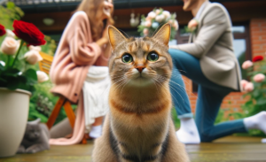 photo shows a cat looking at the camera. After a cat hilariously photobombed a proposal video
